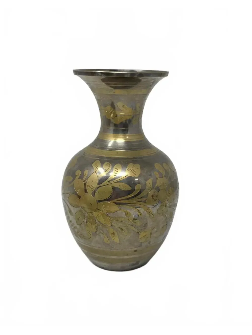 Vintage Silver Tone Brass Vase Engraved Floral Metal Decor 6.75